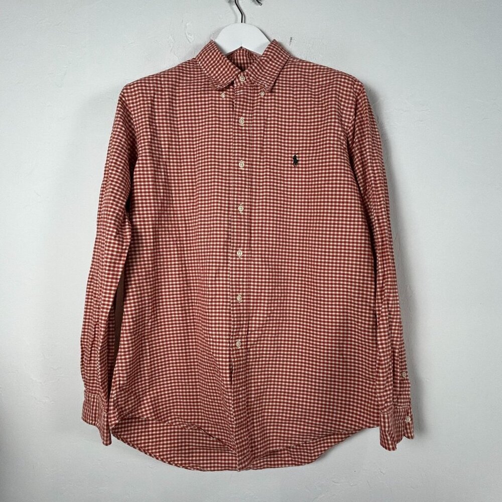 Ralph Lauren Mens Gingham Long Sleeve Shirt Large Red Custom Fit L Button-Up